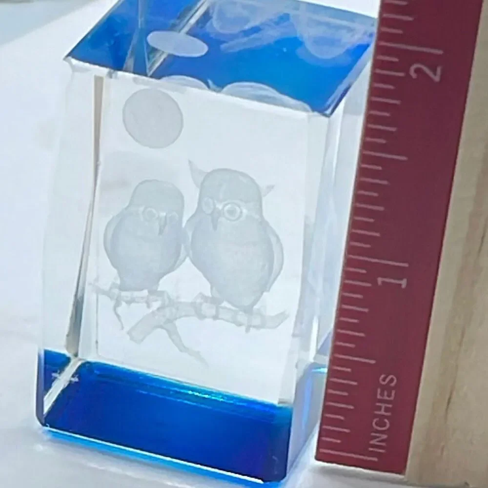 Decorative 3D laser-etched two owls on a branch moon crystal cube paperweight.